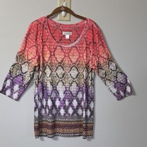Coral and Purple Geometric 3/4 Sleeve Tunic Top Size M